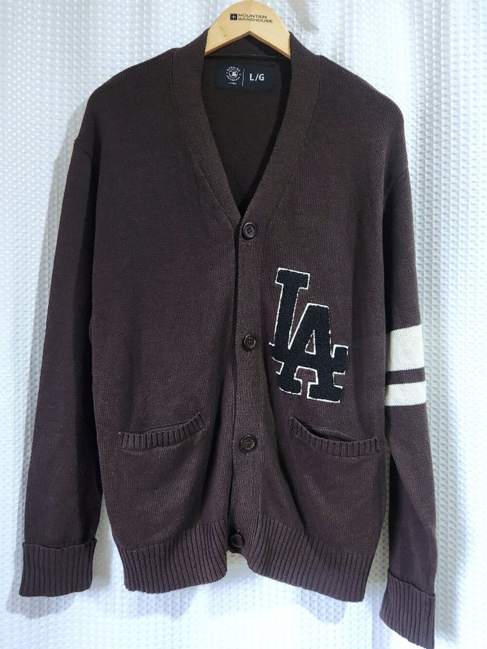 MLB Los Angeles Dodgers Cardigan Sweater Mens Large Brown Varsity Black LA Patch